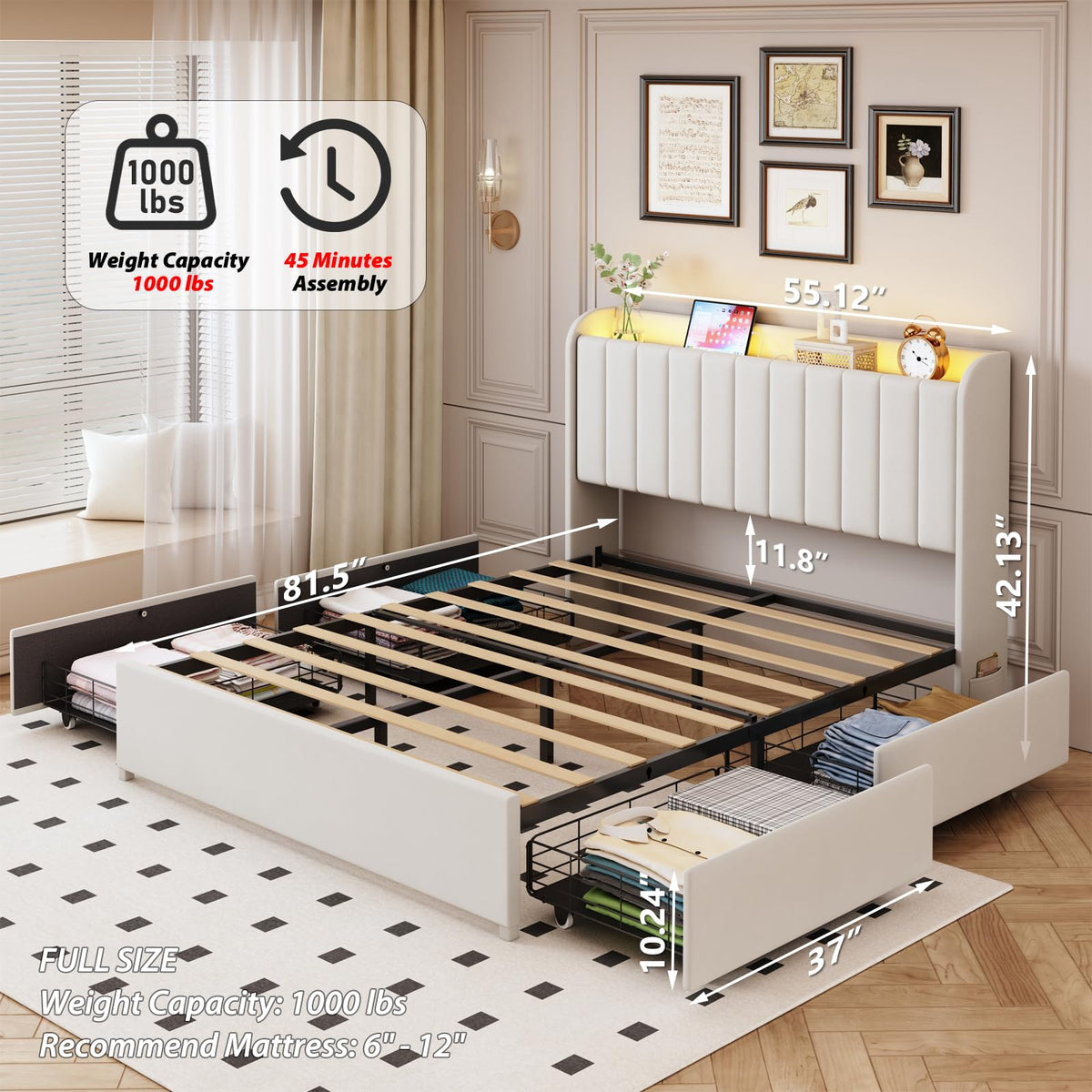 Beige Upholstered Full Size Bed Frame with 4 Drawers and Storage Headboard X40619