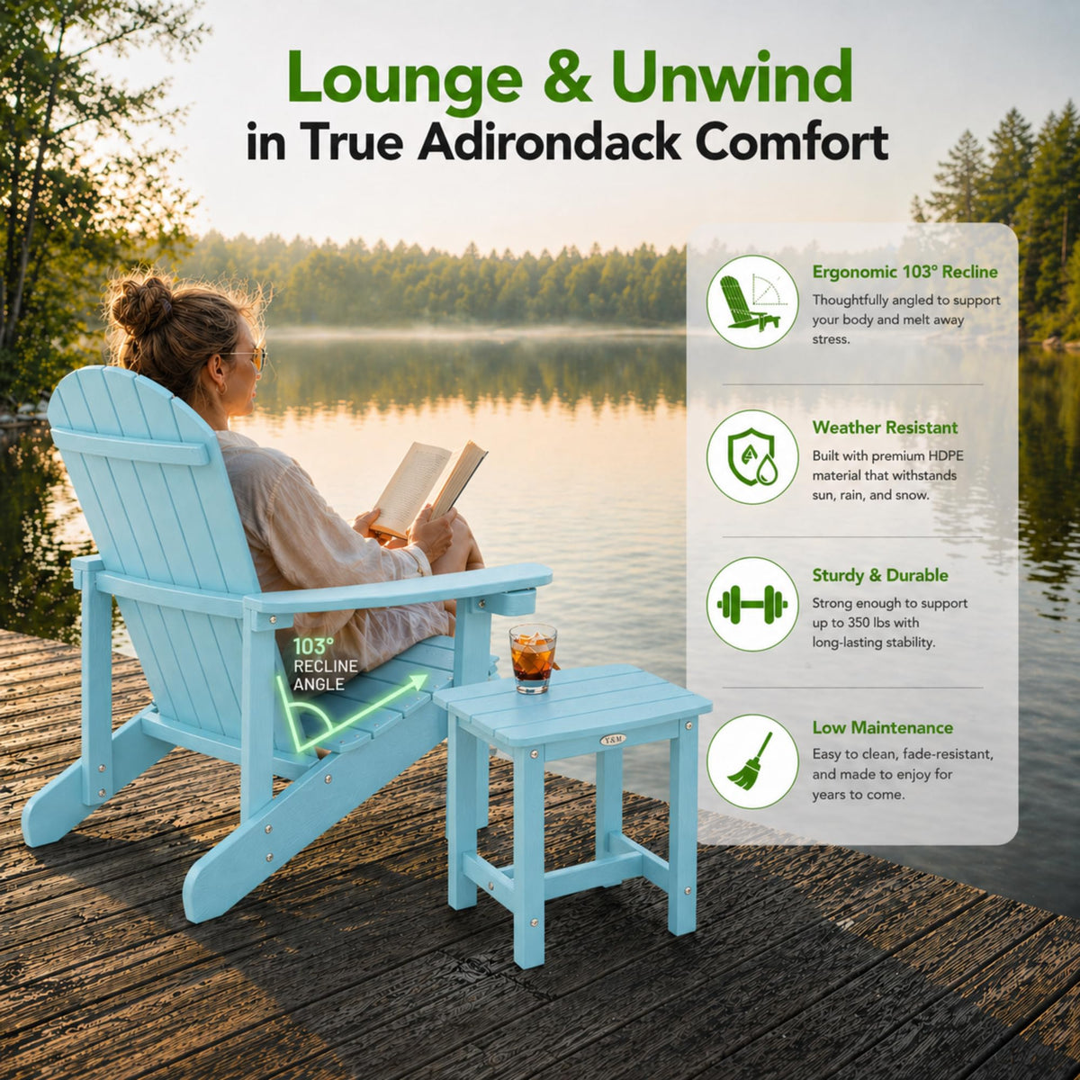 Light Blue HDPE Adirondack Chair Set of 2 with Side Table P6621