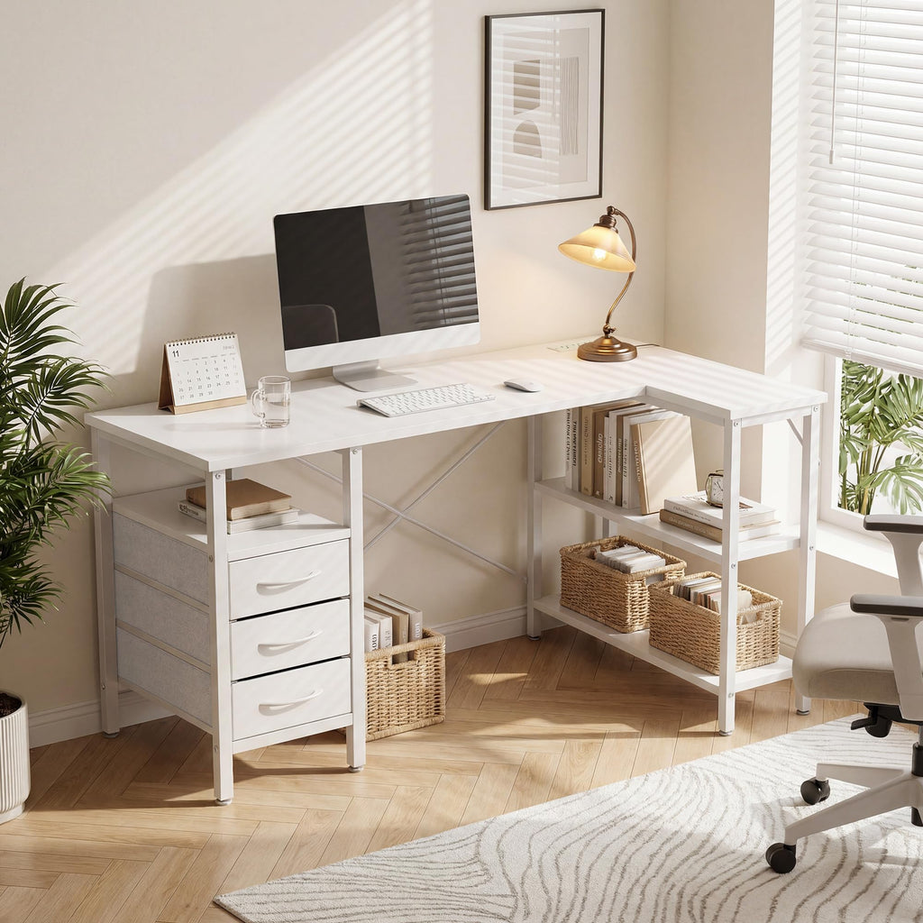 White 47 Inch L Shaped Gaming Desk with 3 Drawers and Shelves P5466