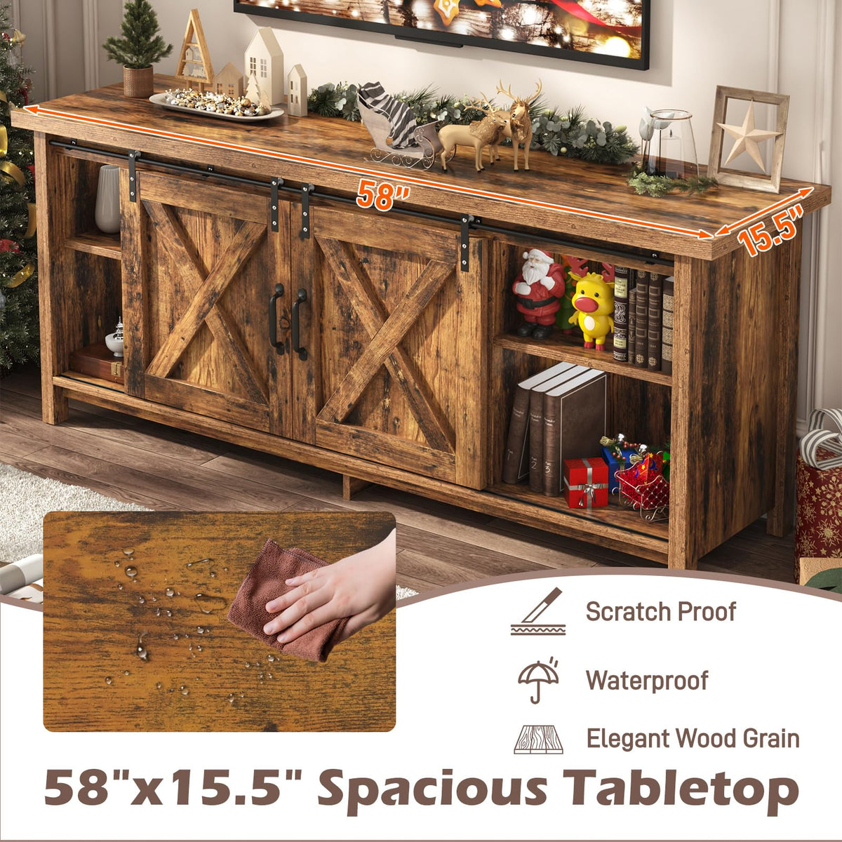 65 Inch Brown Wood TV Stand with Sliding Barn Door H26024