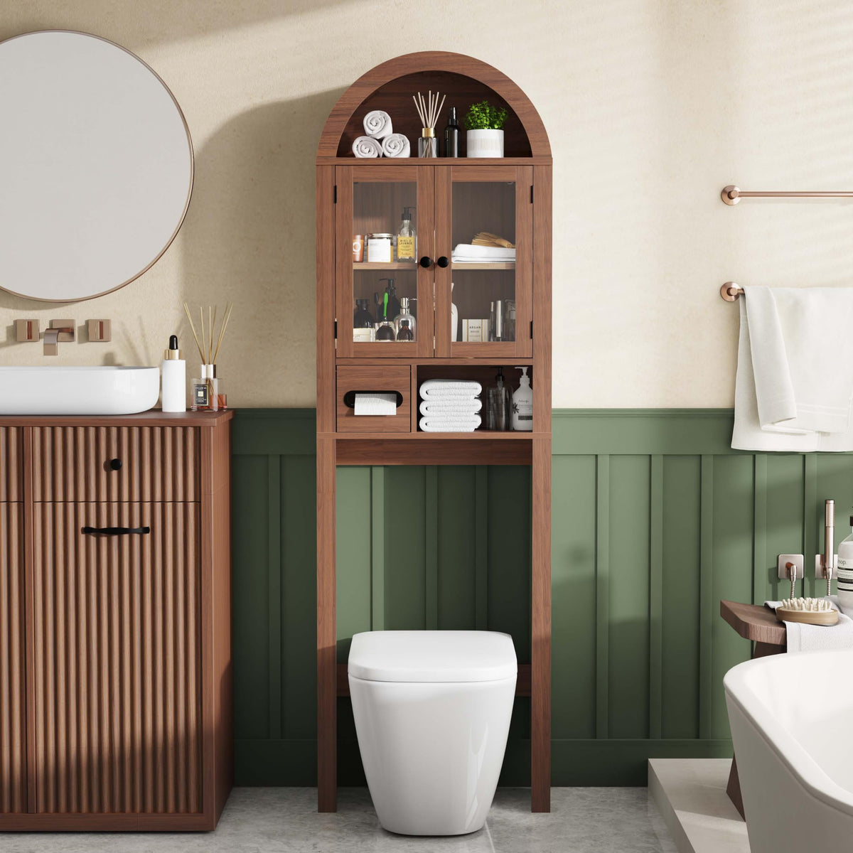 Arched Over the Toilet Storage Cabinet with Tempered Glass Doors E812873