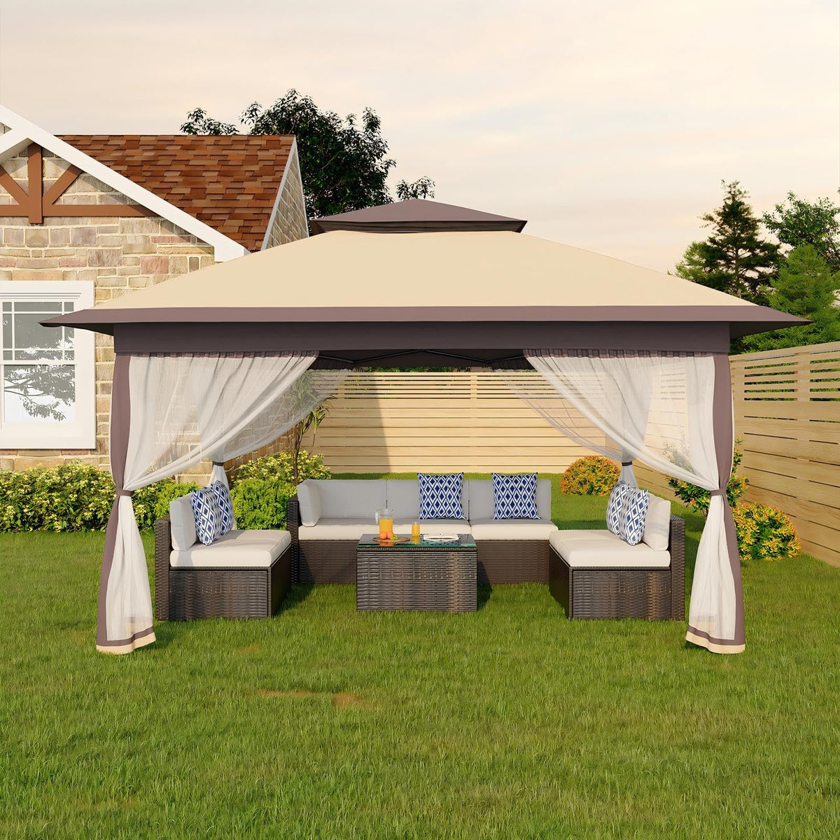 12x12FT Pop Up Gazebo with Mosquito Netting, Khaki & Coffee X55325
