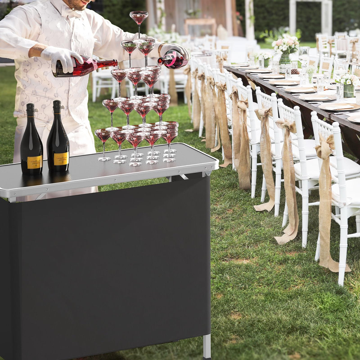 Portable 2-Tier Mobile Bar Table with Black Skirt F719592