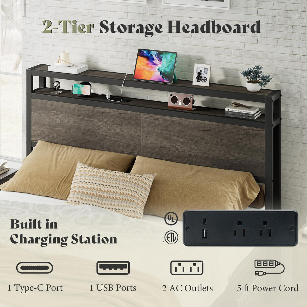 Full Size Metal Bed Frame with Charging Station H355473