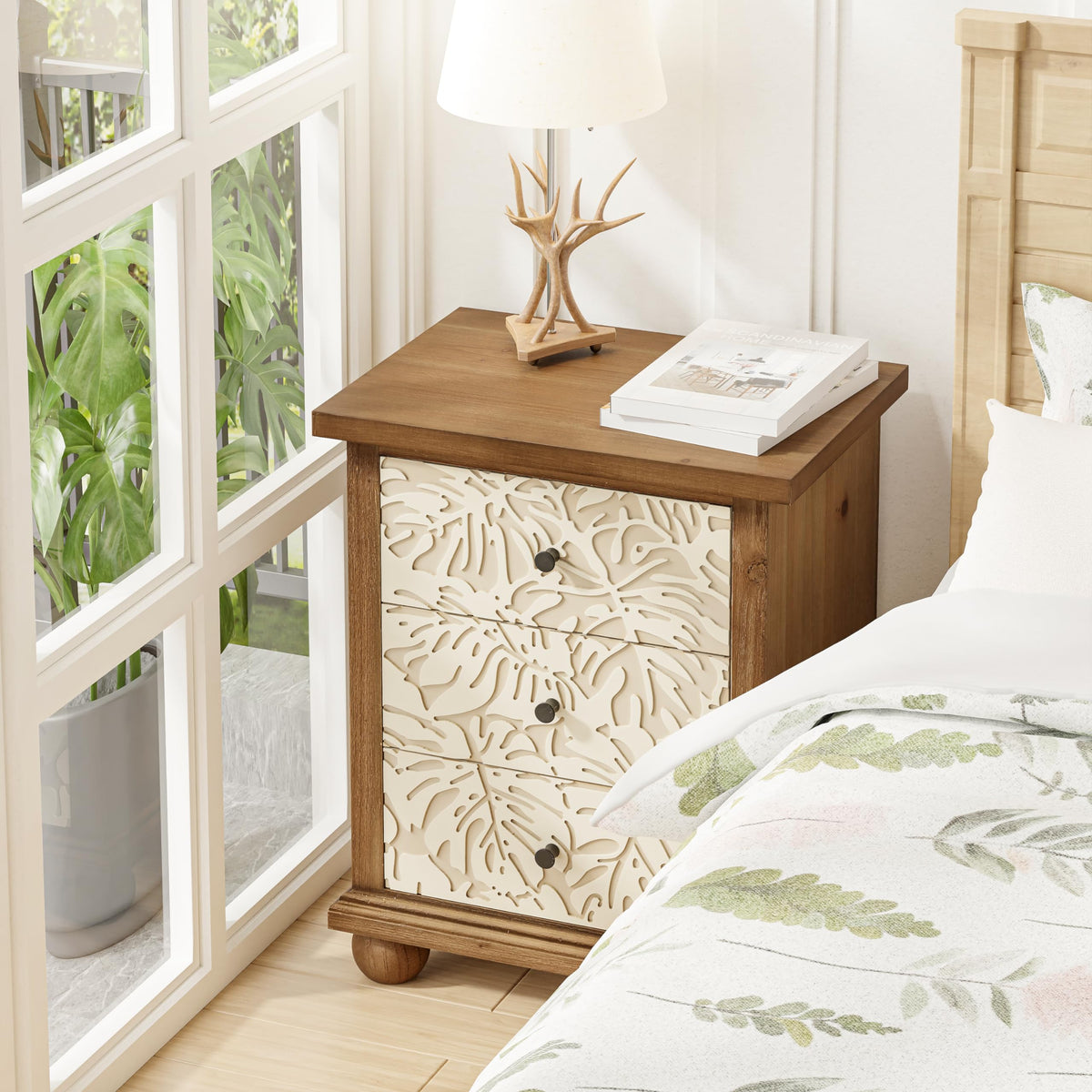 Rustic 3-Drawer Nightstand with Leaves Pattern Carved F1647