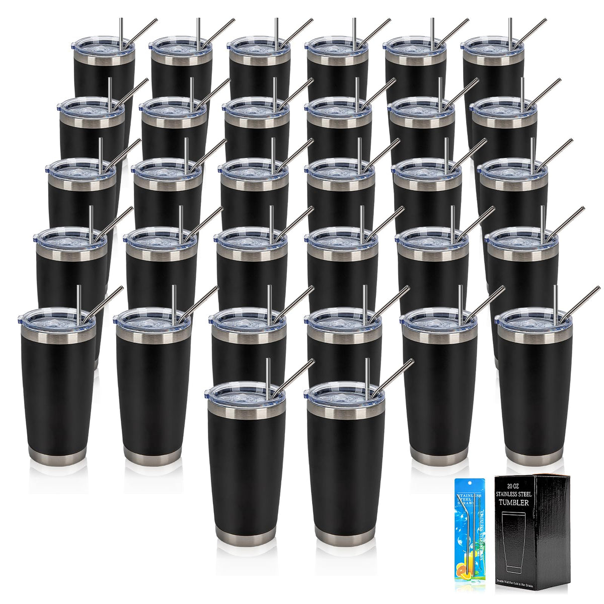 32 Pack 20oz Stainless Steel Insulated Tumblers with Lid & Straw S7548