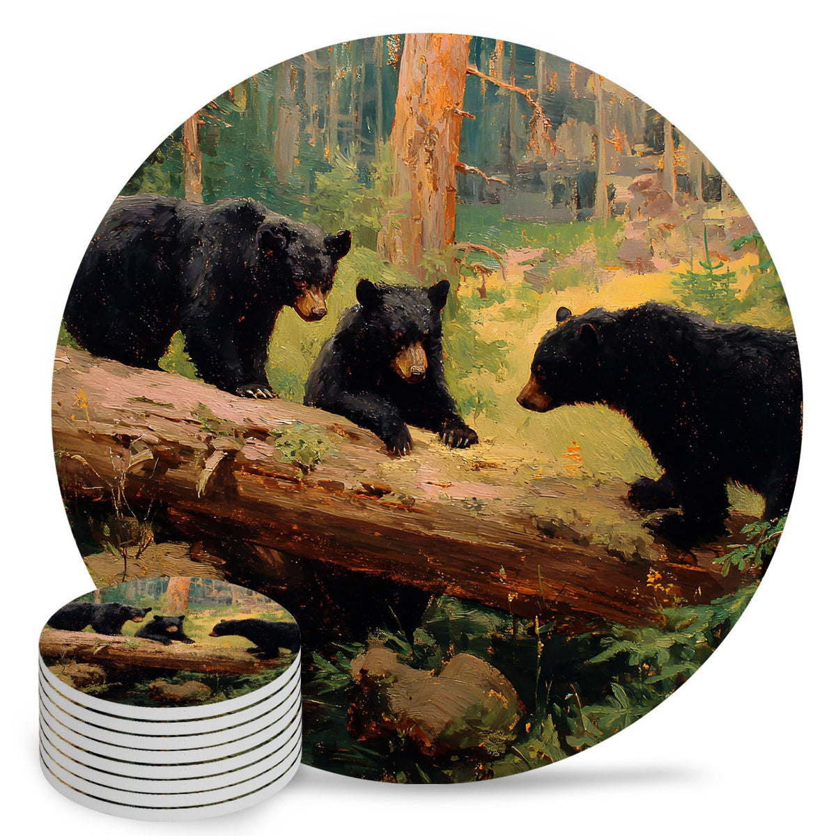 Set of 8 Rustic Black Bears Absorbent Ceramic Coaster with Cork Base O19767