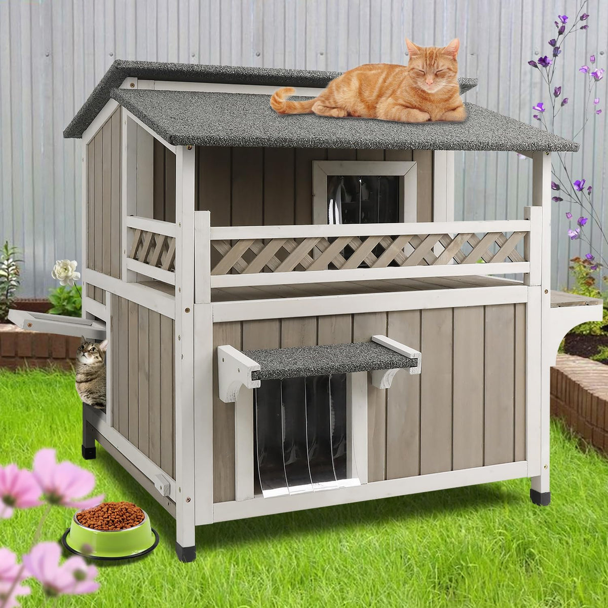 Weatherproof 2-Story Outdoor Cat House with Balcony V276