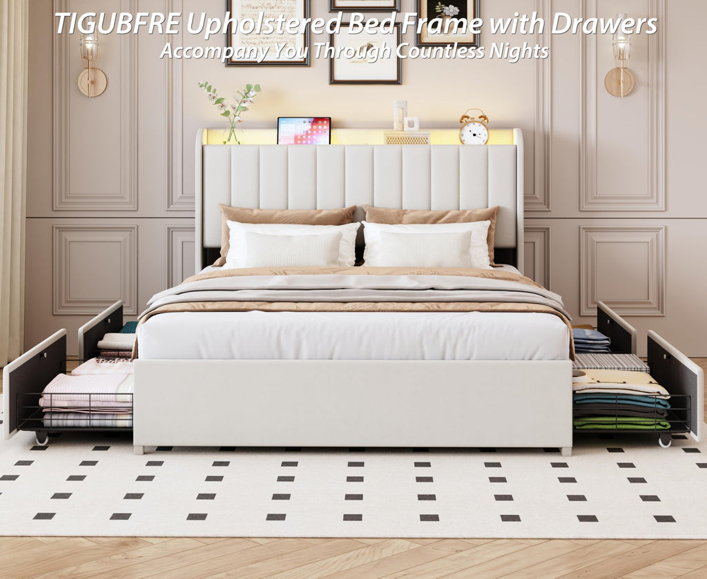 Beige Upholstered Full Size Bed Frame with 4 Drawers and Storage Headboard X40619