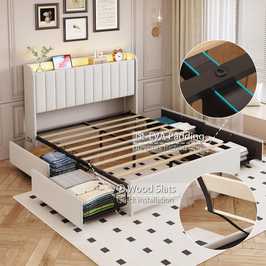 Beige Upholstered Full Size Bed Frame with 4 Drawers and Storage Headboard X40619