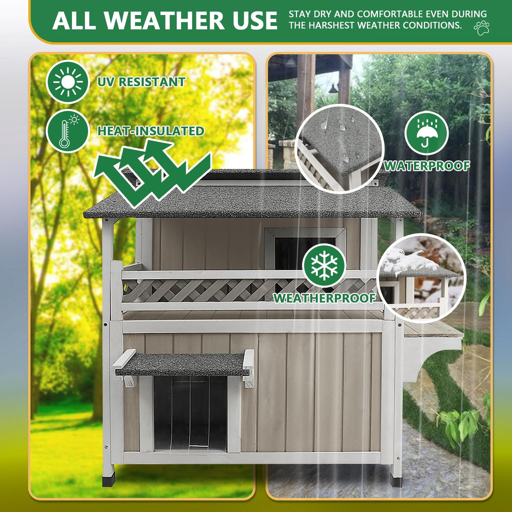 Weatherproof 2-Story Outdoor Cat House with Balcony V276