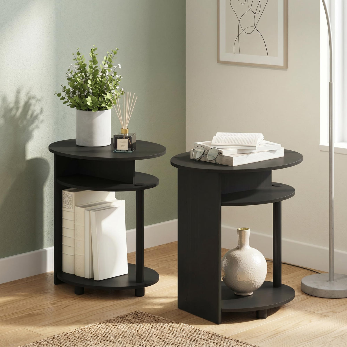 Set of 2 Round End Table with Oval Tabletop and Open Shelf, Walnut H431494