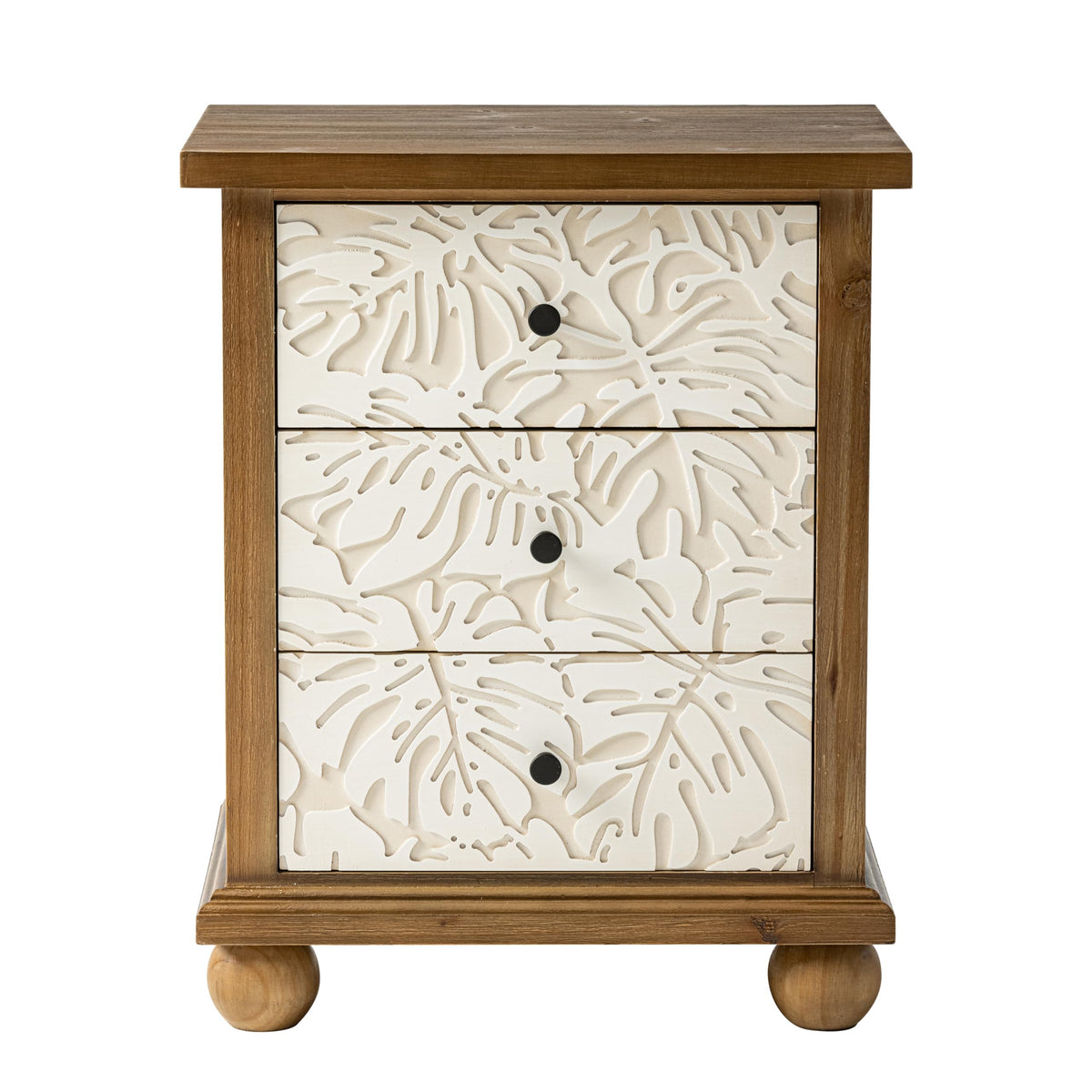 Rustic 3-Drawer Nightstand with Leaves Pattern Carved F1647