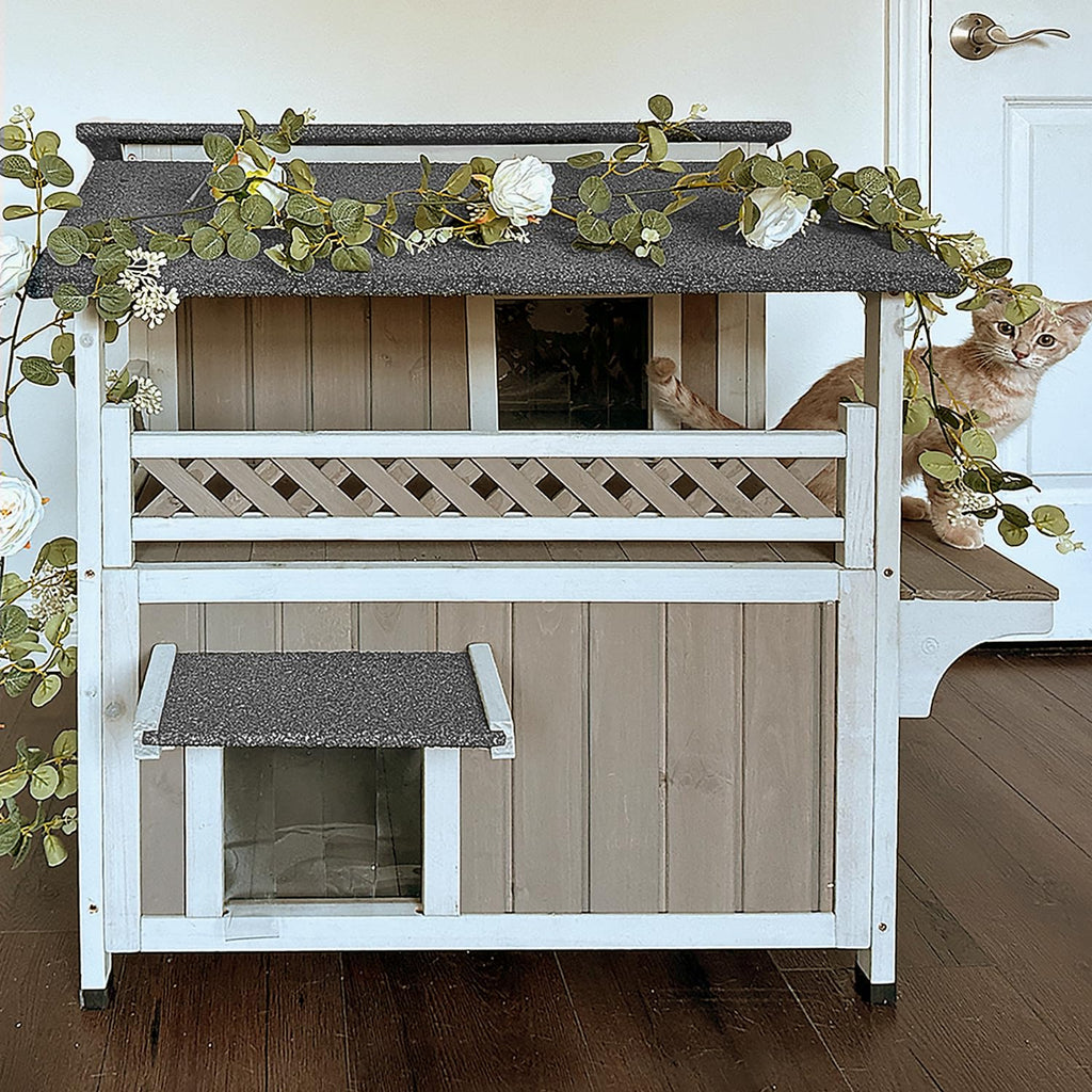 Weatherproof 2-Story Outdoor Cat House with Balcony V276
