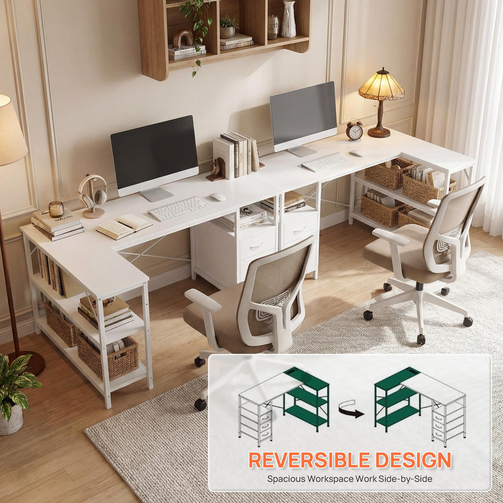 White 47 Inch L Shaped Gaming Desk with 3 Drawers and Shelves P5466