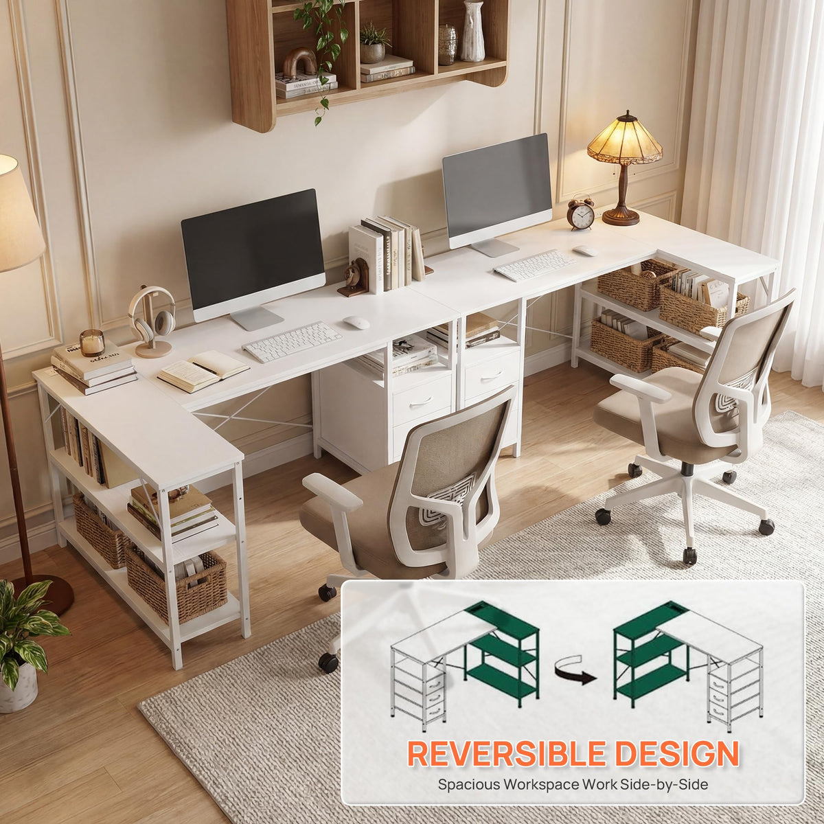 White 47 Inch L Shaped Gaming Desk with 3 Drawers and Shelves P5466
