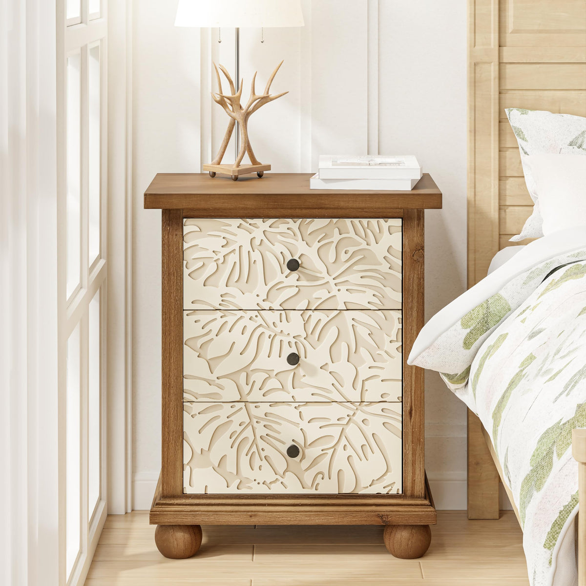 Rustic 3-Drawer Nightstand with Leaves Pattern Carved F1647