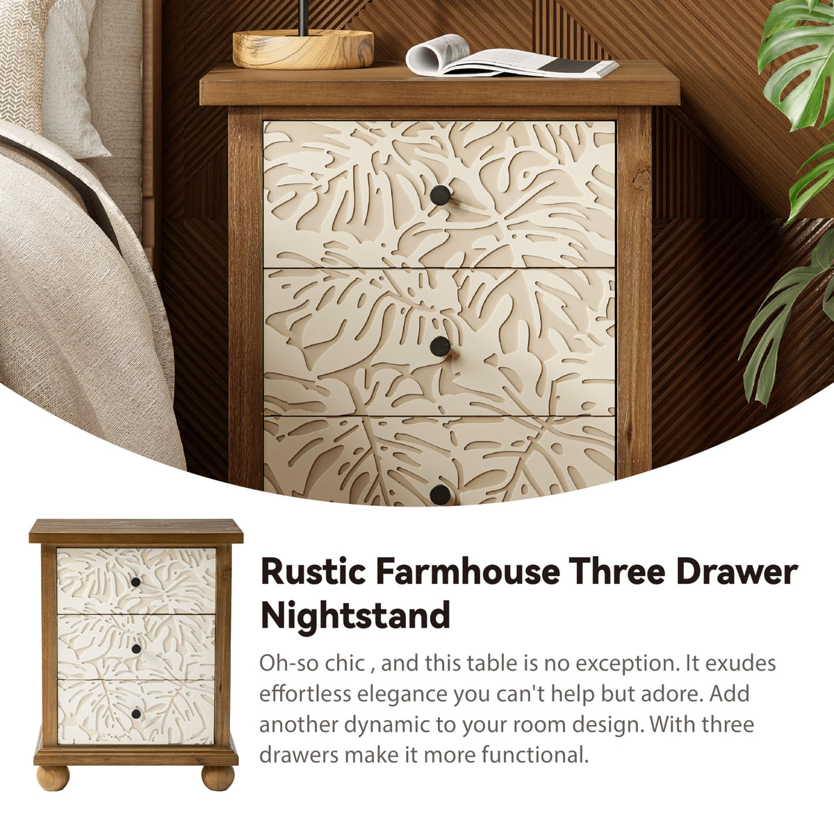 Rustic 3-Drawer Nightstand with Leaves Pattern Carved F1647