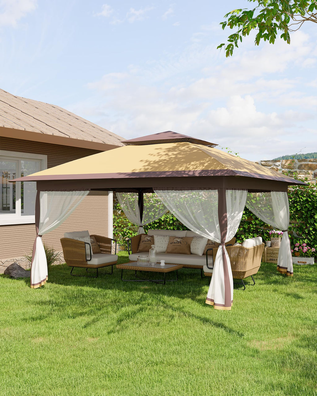 12x12FT Pop Up Gazebo with Mosquito Netting, Khaki & Coffee X55325