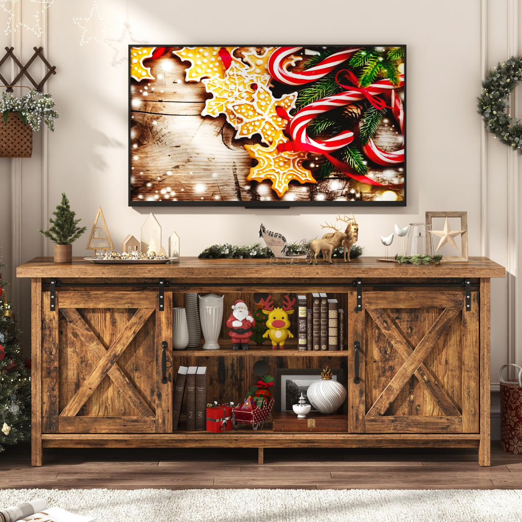 65 Inch Brown Wood TV Stand with Sliding Barn Door H26024