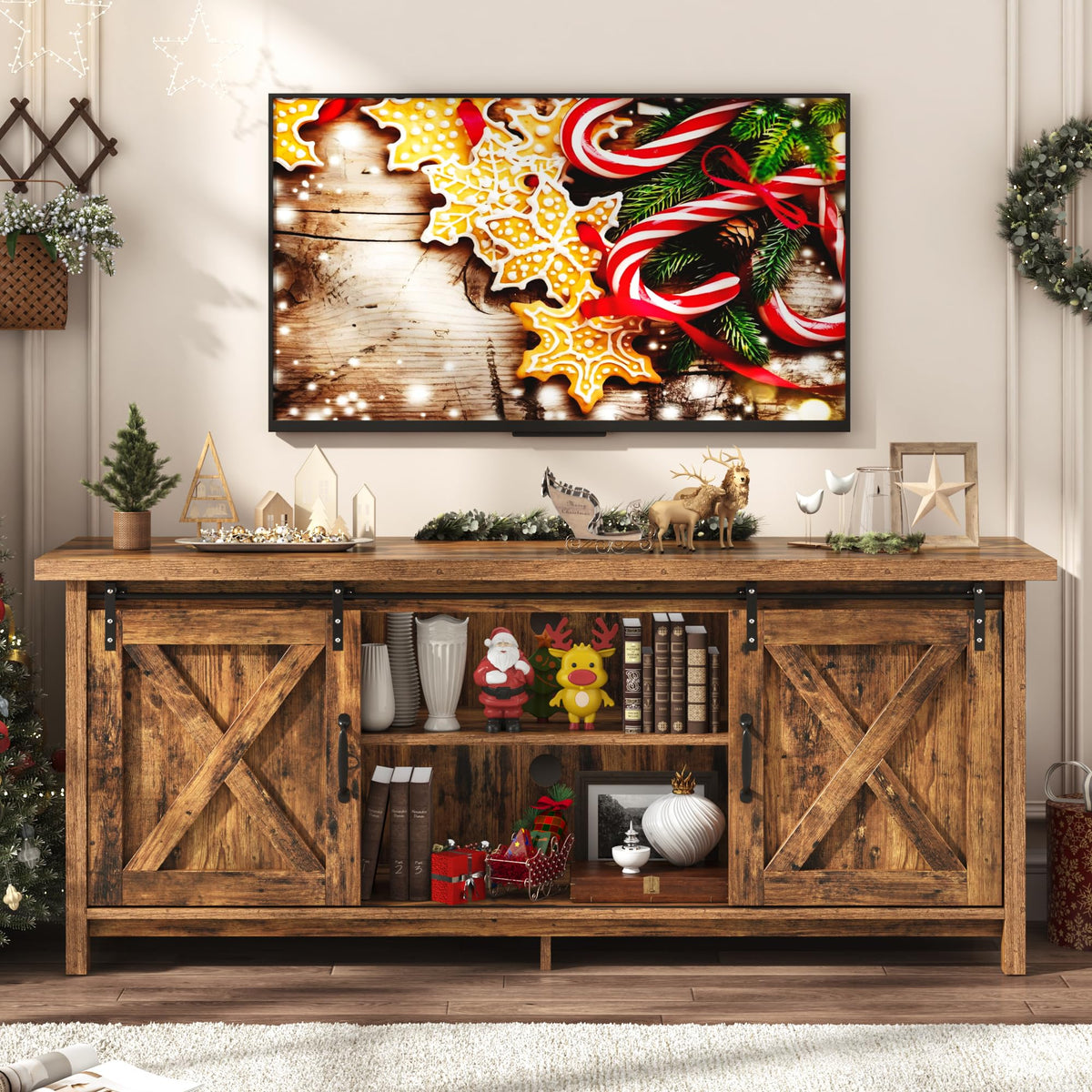65 Inch Brown Wood TV Stand with Sliding Barn Door H26024