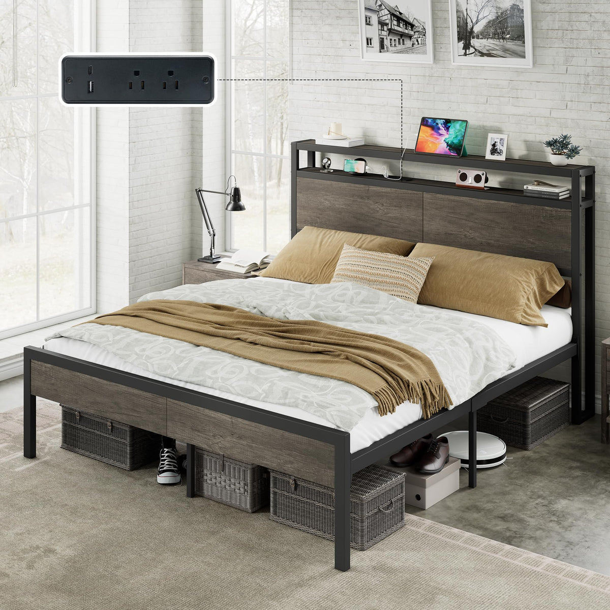 Full Size Metal Bed Frame with Charging Station H355473