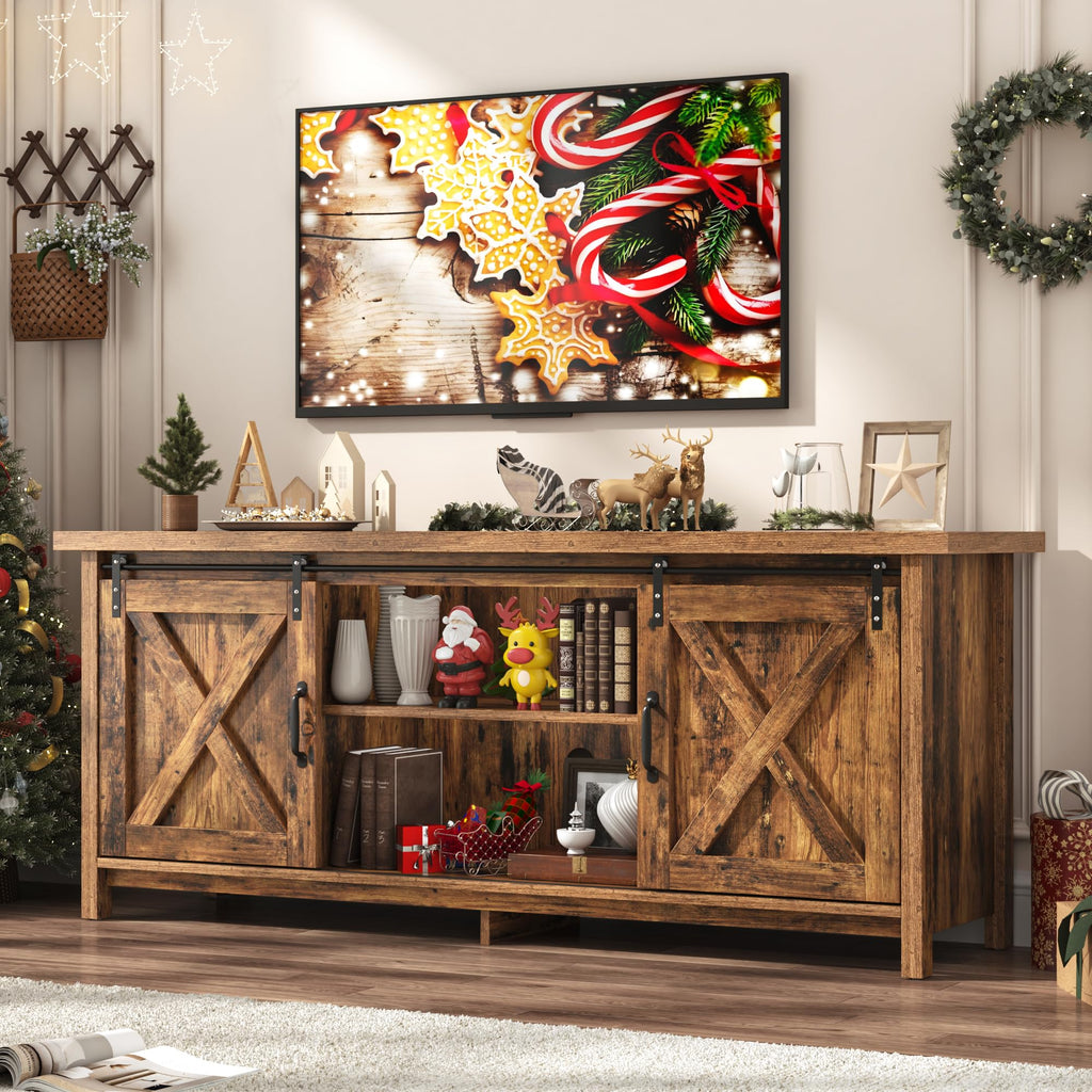 65 Inch Brown Wood TV Stand with Sliding Barn Door H26024