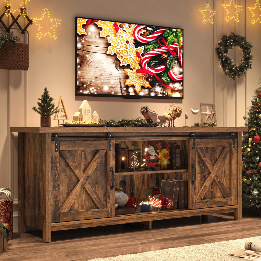 65 Inch Brown Wood TV Stand with Sliding Barn Door H26024