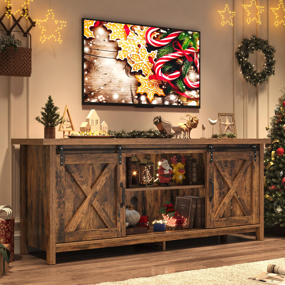 65 Inch Brown Wood TV Stand with Sliding Barn Door H26024