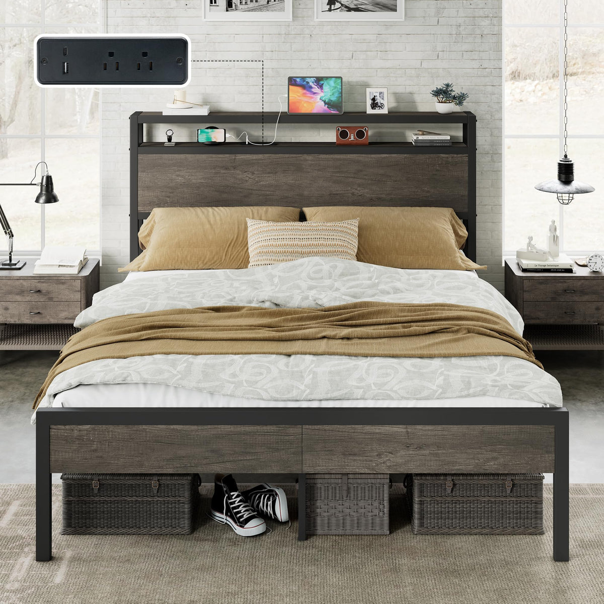 Full Size Metal Bed Frame with Charging Station H355473