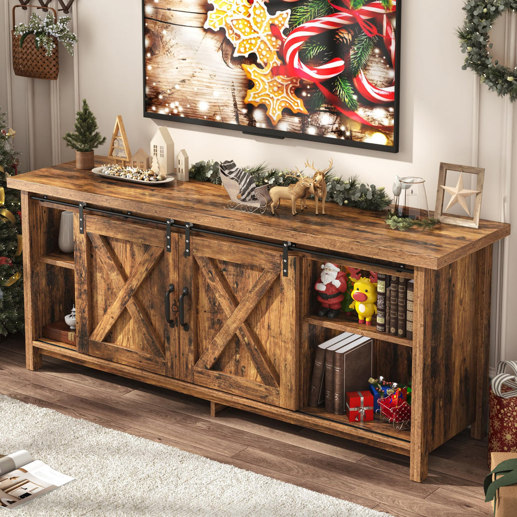 65 Inch Brown Wood TV Stand with Sliding Barn Door H26024