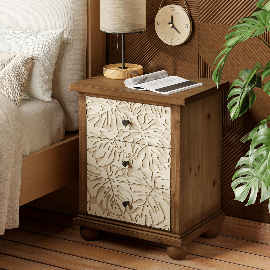 Rustic 3-Drawer Nightstand with Leaves Pattern Carved F1647