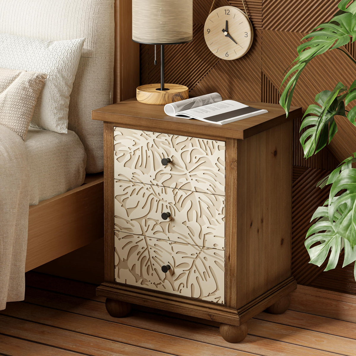 Rustic 3-Drawer Nightstand with Leaves Pattern Carved F1647