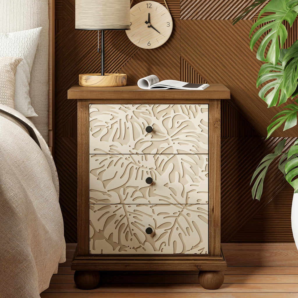 Rustic 3-Drawer Nightstand with Leaves Pattern Carved F1647