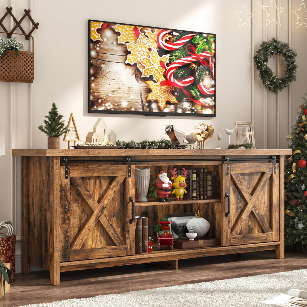 65 Inch Brown Wood TV Stand with Sliding Barn Door H26024